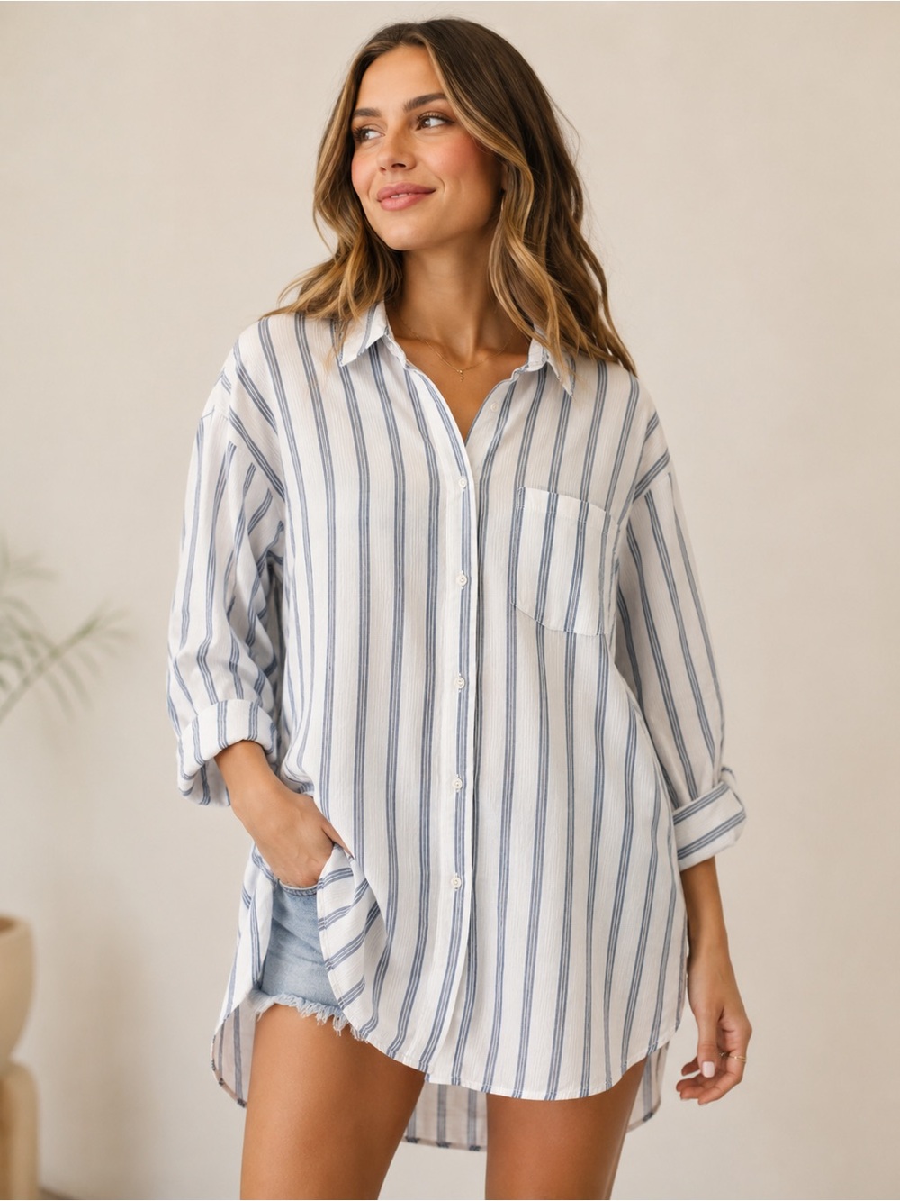Treasure & Bond Blue White Vertical Stripe Button-Down Tunic Shirt Cotton Size L